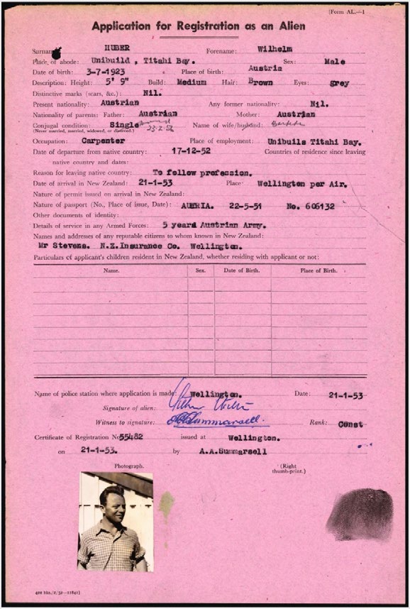 Huber’s application for registration as an alien, submitted to New Zealand Police in early 1953