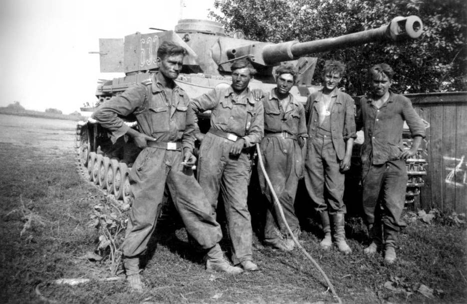 A tank crew from 2nd SS-Panzer Division Das Reich after the 1943 Battle of Kursk in Russia —the largest tank battle in history.