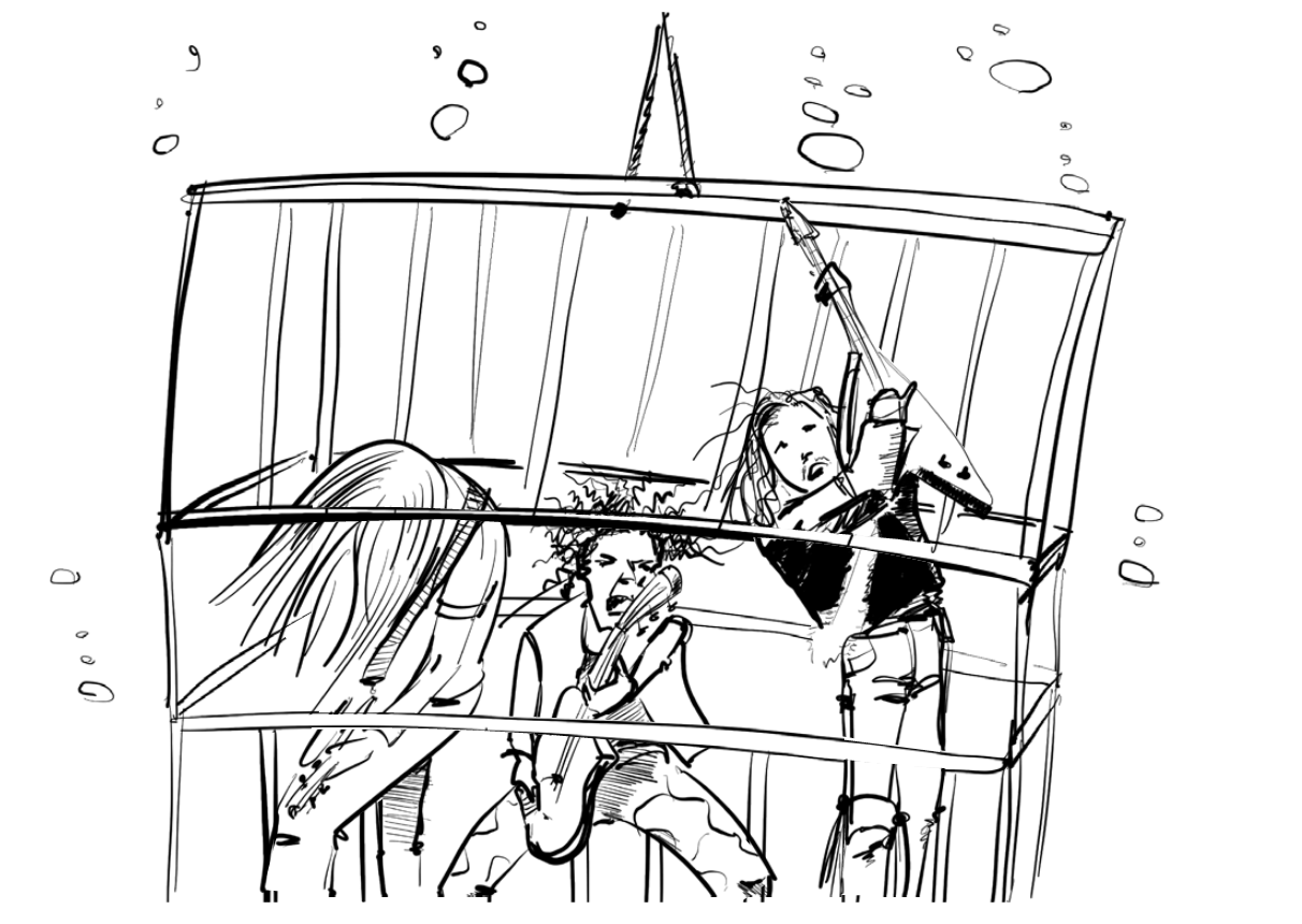 illustration of heavy metal musicians playing in a shark cage.