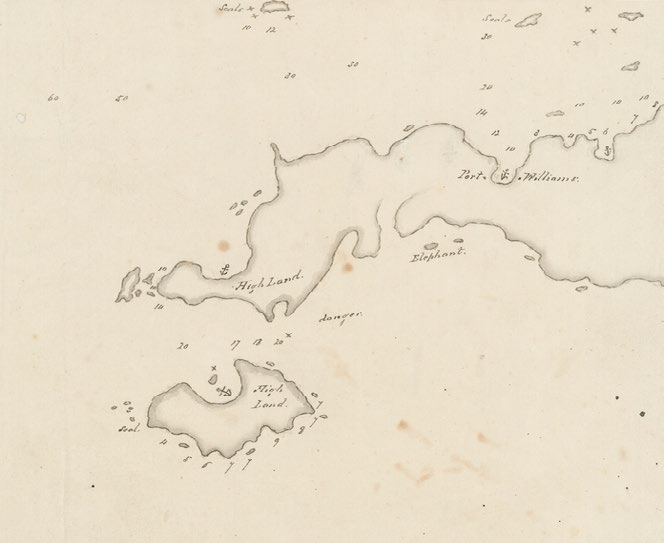 Part of an 1808 map of the Foveaux Strait region, showing Whenua Hou island.