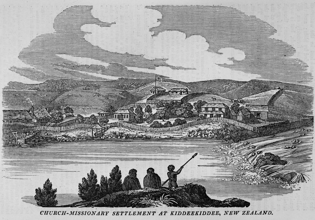 Church-Missionary settlement at Kiddeekiddee, New Zealand, Engraving, Seelys London, 1830. Image: Alexander Turnbull Library.