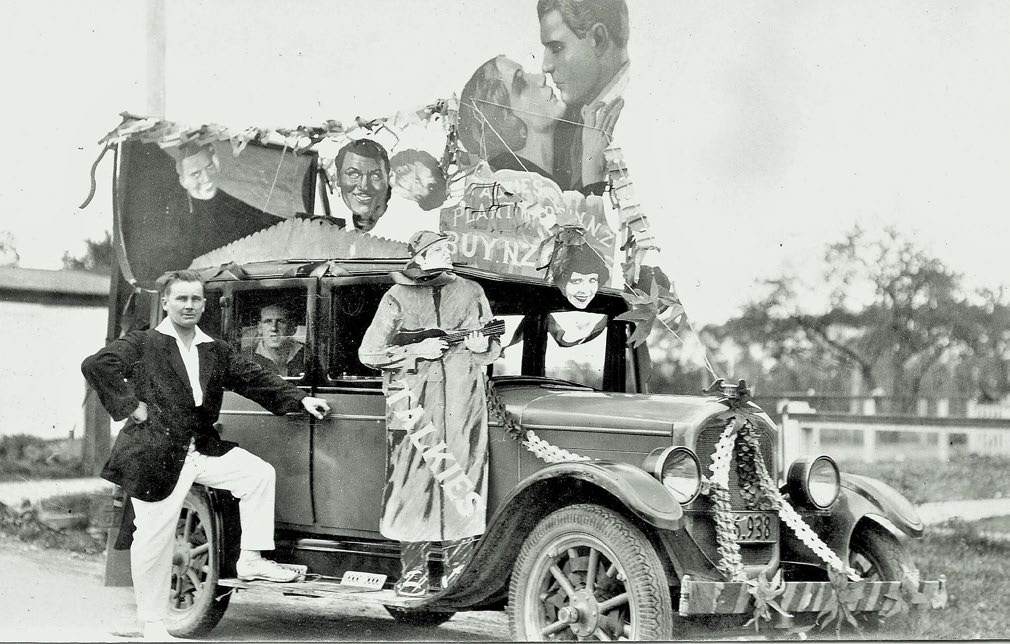 1st Cinema operator Mr Cuth Knight with a promotional car advertising “talking” pictures in Geraldine, 1931.