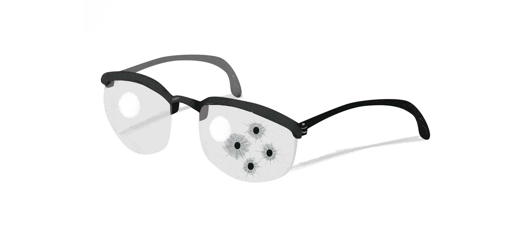 illustration of glasses with bullet holes.