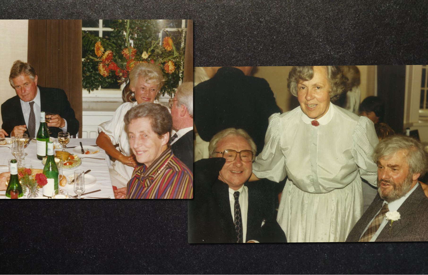 Around the table, left to right, Keith Matthews, Barbara Collins, John Scott, Jackie Matthews, Dick Collins, Marguerite Scott. / Dick Collins, Gay and Dorian Saker.