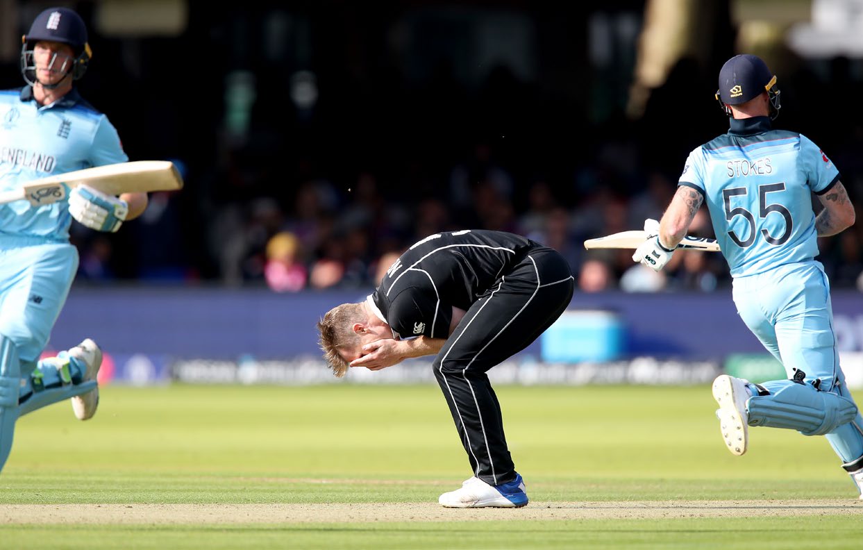 Neesham reacts to a missed chance to take a wicket during the World Cup final at Lord’s, London, 2019.