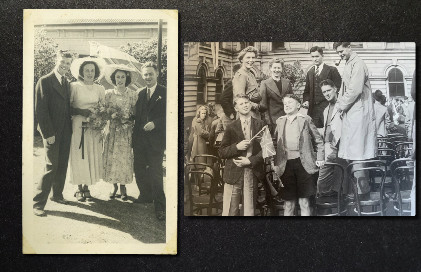 Left: The wedding party: Saker, bride Gay Nimmo, bridesmaid Jill Stacey, best man Taylor. Right: VE Day celebrations in Wellington, 9 May 1945. Saker (with pipe), Nigel Taylor and Keith Matthews (at rear).