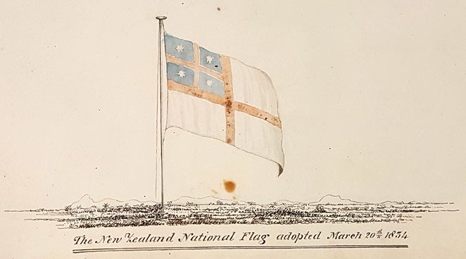 Te Kara o te Whakaminenga o Nga Hapu o Nu Tireni, drawing by Nicholas Charles Phillips of the HMS Alligator, 1834.