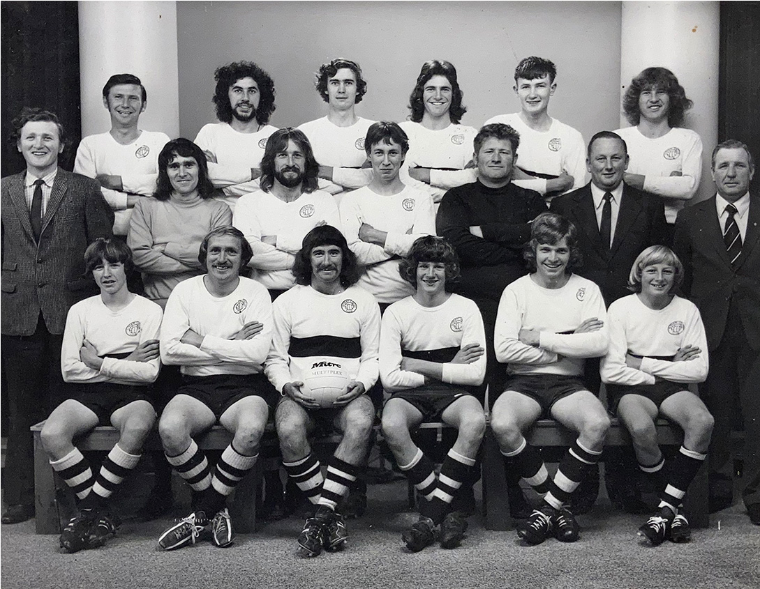 David Higham (left of ball holder) in Eltham Association Football Club’s first senior team in 1975.