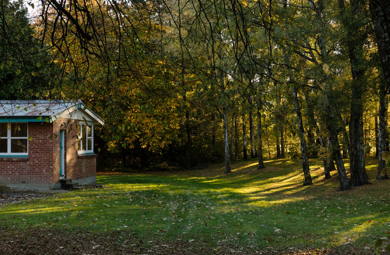 The single story end of the Nurses’ Home (1929) surrounded by exotic forest.